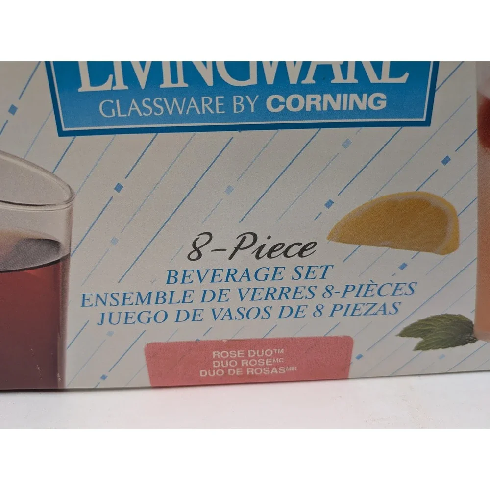 Corelle Livingware Rose Duo Glassware by Corning 8 Piece Beverage Set Vintage